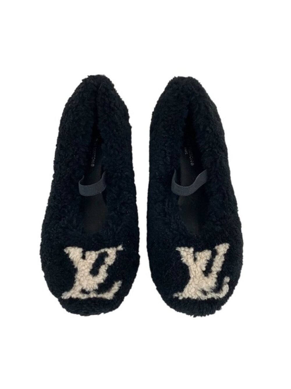 Louis Vuitton Poppy Line Flat Shoes Shearling Black Beige Ballet - Picture 4 of 10